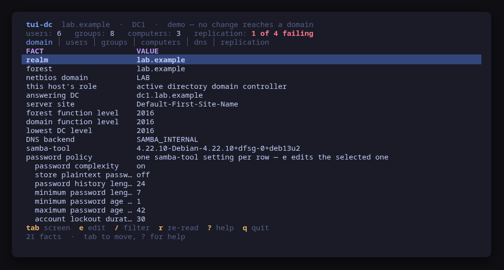 The domain screen: what the controller answered, what this host is, and the functional levels