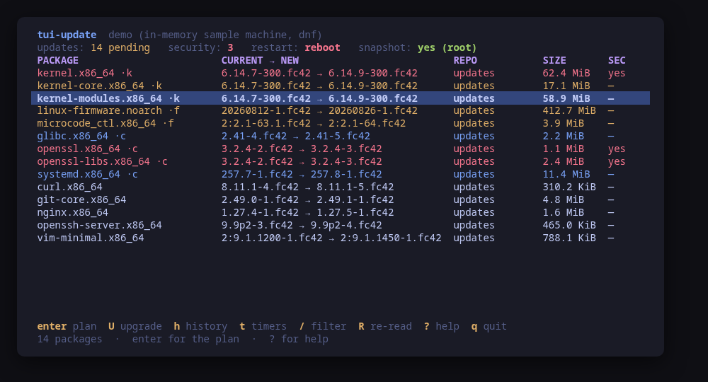 The pending list: current to new, repository, size and the security flag, kernel and firmware first